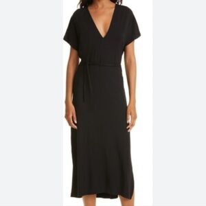 Vince Double V-Neck Cap Sleeve Knit Midi Dress Stretchy Black Size XS New